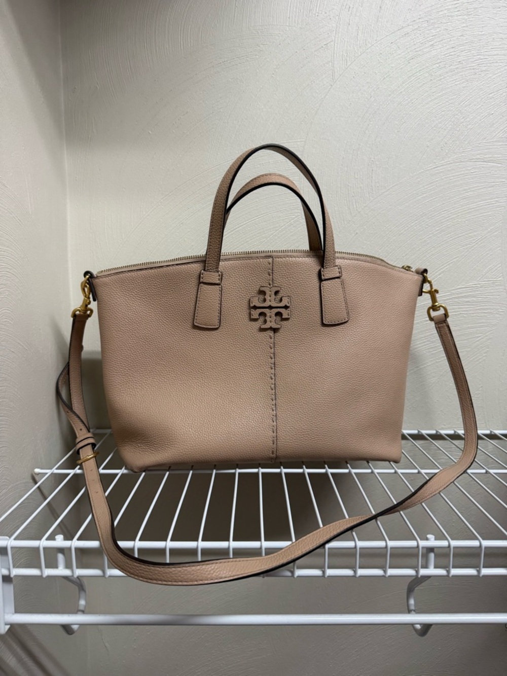 Tory Burch Blush-Tan Pebbled Leather Tote with Detachable Strap